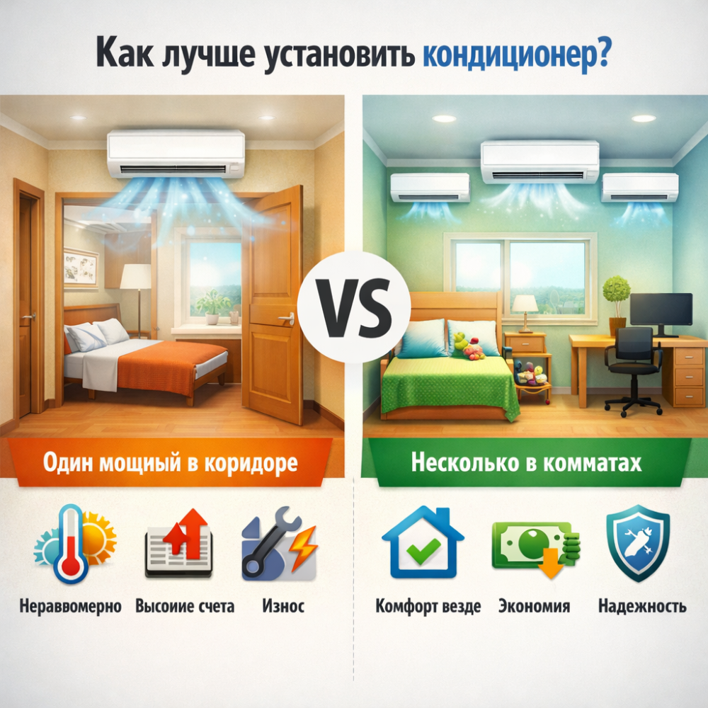 Как лучше установить кондиционер: один мощный в коридоре или несколько в комнатах
